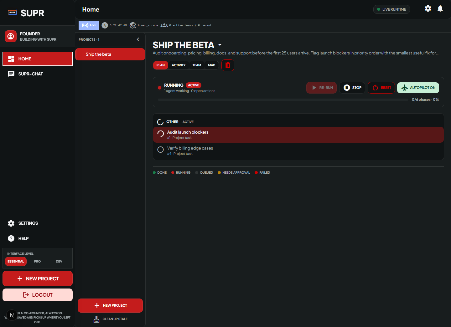The Supr agent command deck running a customer project with outputs, active work, and project history visible.